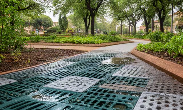 Pavimentazione drenante modulare in plastica riciclata installata in un giardino pubblico marchigiano