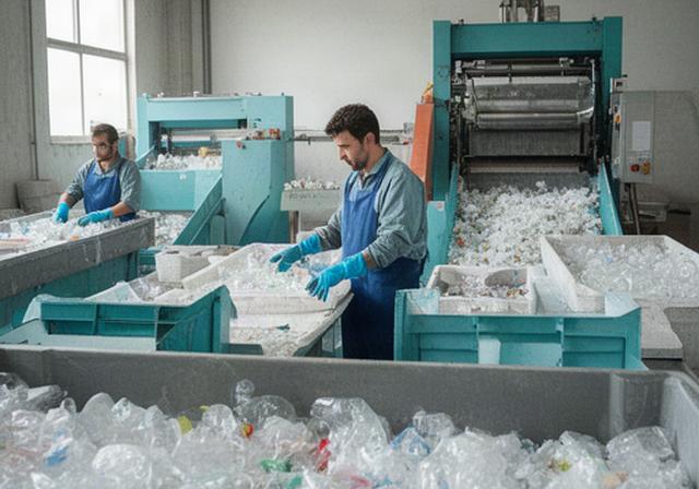 Operatori al lavoro nella mini-fabbrica di Chiaravalle mentre preparano plastica riciclata per materiali edili