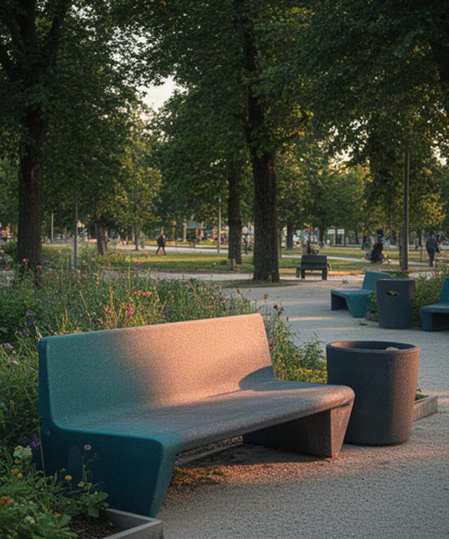 Parco pubblico di Chiaravalle con panchine e fioriere realizzate in plastica riciclata